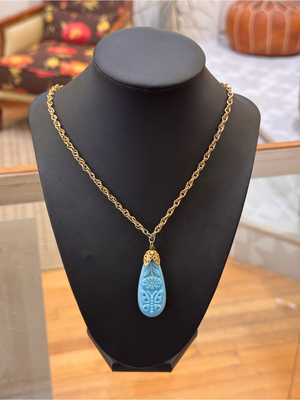 Gold-Tone Chain Necklace with Blue Glass Carved Teardrop Pendant